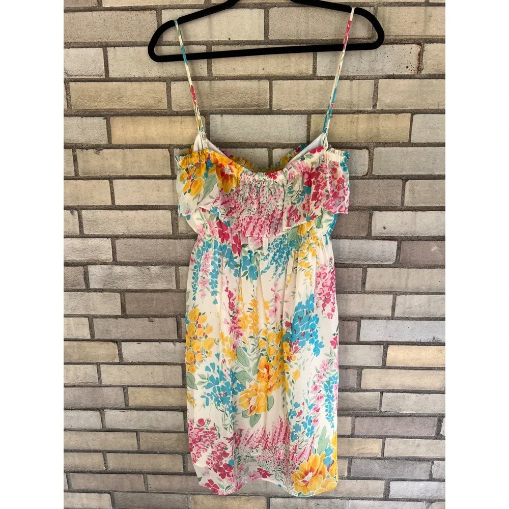 Yumi Kim Floral Silk Ruffle Mini Dress Ivory Pink Yellow Blue Medium - Picture 7 of 9